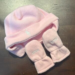 Polo Ralph Lauren Infant Girls Fleece Beanie w Strap & Mittens Set (2 PC)  EUC